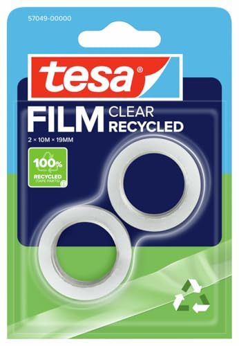 tesa tesafilm Clear Recycled Klebeband - transparent - 10 m x 19 mm - 2 St. | 2 Rollen reißfester Klebefilm - 100 % recycelter Kunststoff - starke Klebeleistung, lösungsmittelfrei und alterungsbeständig