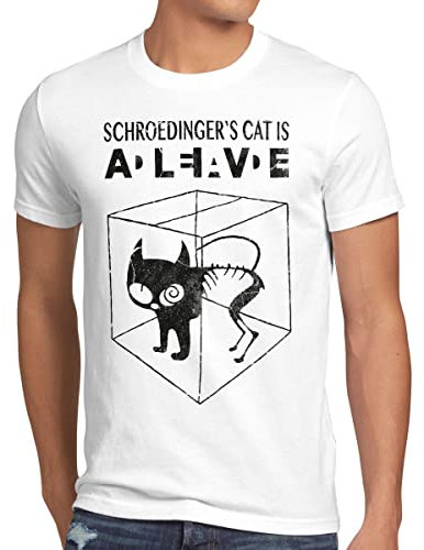 style3 Gatto di Schrödinger T-Shirt da Uomo, Dimensione:S;Colore:Bianco