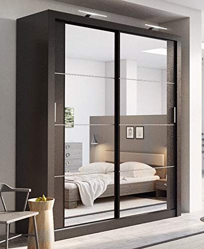 Arthauss Mirrored Sliding Door Wardrobe - Arti 3 in Matt Black 181cm Flat Pack Wardrobe with Customisable Interior Featuring Five Shelves and Two Hanging Rails - Mirrored Furniture with LED Lighting