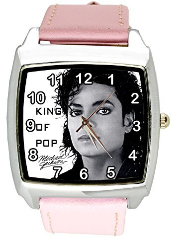 Taport Quarz-Armbanduhr Michael Jackson, quadratisch, Echtleder, Zifferblatt E2, mit Ersatzbatterie und Geschenkbeutel, Pink
