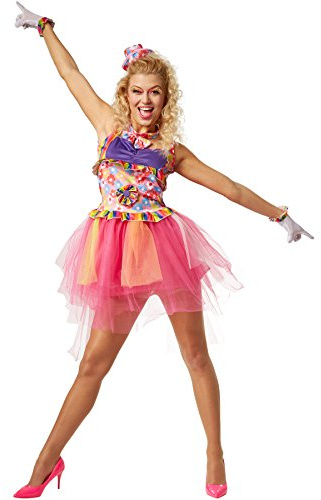 dressforfun Frauenkostüm Musikstar der 80er Jahre | Buntes Komplettkostüm mit Tüll | incl. Hütchen, Netzhandschuhe und Fliege mit Blumenmuster (XL | no. 301685)