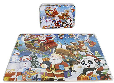 FunnyGoo 100 pieces Colorful Wooden Santa Jigsaw Puzzle Merry Christmas Xmas Santa in a box great gift for kids