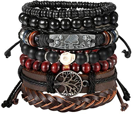 Aroncent Unisex Lebensbaum Armbänder Set: 2PCS Vintage Baum des Lebens Totenkopf Schädel Rose Blume Holz Kugel Perlen geflochten Leder Armband Armreif Wickelarmband für Herren Damen Schwarz Braun