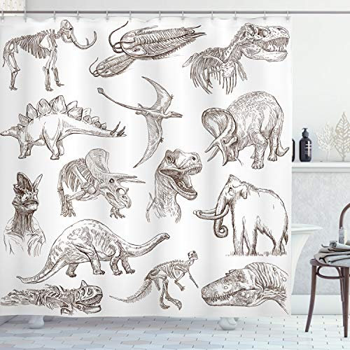 ABAKUHAUS Schwarz-Weiss Duschvorhang, Dinosaurier-Skelett, Stoffliches Gewebe Badezimmerdekorationsset mit Haken, 175 x 200 cm, Dunkelbraun Weiß