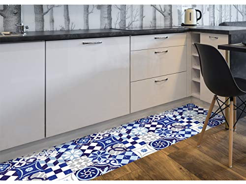 Alfombra Mosaicos Figuras Azules Suelo Cocina PVC | 95 cm x 133 cm | Moqueta PVC | Suelo vinilico | Decoración del Hogar | Diseño Moderno, Original, Creativos