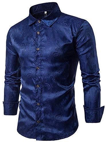 Camicia da Uomo con Motivo Cachemire in Seta Jacquard per Abito da Uomo a Maniche Lunghe con Bottoni e Colletto Blu Navy M