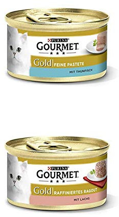PURINA GOURMET Gold Katzenfutter nass 24er Mix-Pack, Pastete mit Thunfisch und Ragout Lachs, (2 x 12 x 85g)