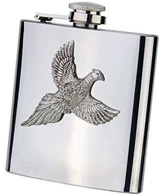 6oz Stainless Steel Hip Flask with Pewter Pheasant in a Presentation Box