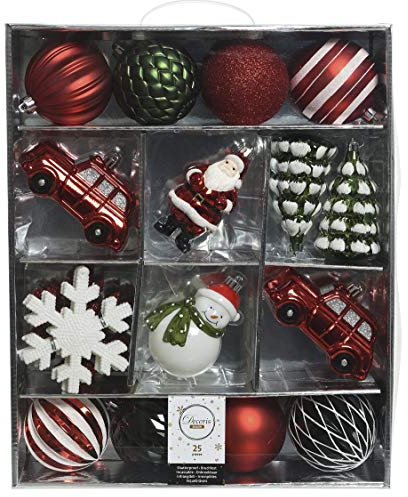ETC 25-er Set dekorativer Figuren-Kugelmix PVC Weihnachtskugeln Baumschmuck bruchfest Christbaumschmuck (rot/grün/weiß)