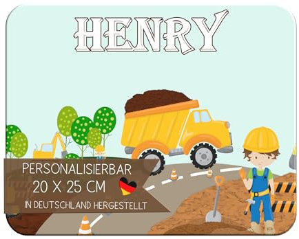 CreaDesign Personalisiertes Kinder Frühstücksbrett mit Namen, 20x25cm, rutschfestes Schneidebrett aus Kunststoff, Baustelle Design,spülmaschinen & mikrowellengeeignet,Perfektes Schneidbrett für Kinder