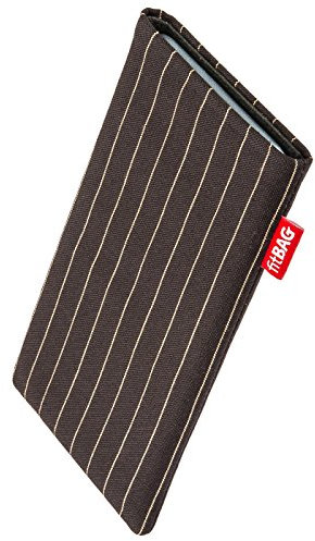 fitBAG Twist Dunkelbraun Handytasche für Apple iPhone 12 Pro Max/iPhone 13 Pro Max Tasche aus Nadelstreifen-Stoff mit Microfaserinnenfutter | Hülle mit Reinigungsfunktion | Made in Germany