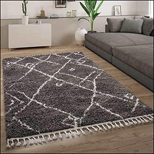 Paco Home Hochflor Teppich Wohnzimmer Shaggy Skandinavisch Fransen Flauschig Modern Langflor, Grösse:80x150 cm, Farbe:Anthrazit 2