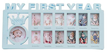MSL My First Year Baby Andenken Bilderrahmen, 12 Monate Bilderrahmen, Neugeborenes Säugling Collage Rahmen für Jungen Mädchen Duschgeschenk, Wandbehang Dekoration, Blau