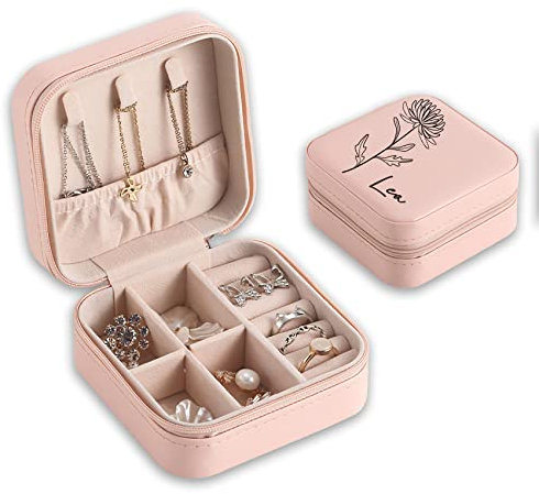 Individuelle Schmuckschatulle, personalisierte kleine Schmuckschatulle für Reisen, mit Namen und Geburtsblumenmonat, für Ringe Ohrringe Halskette Geschenke für Mädchen Frauen Mutter Geburtstag(Pink)