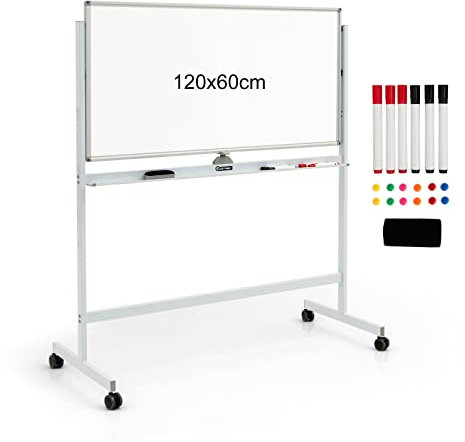 COSTWAY Tableau Blanc Effacable sur Pied 120 x 60 cm, Double Face, Tableau Blanc Magnétique, 2 Hauteurs Réglables, 6 Marqueurs, 12 Aimants, 1 Gomme, Tableau Blanc Mobile pour École, Bureau(Blanc)