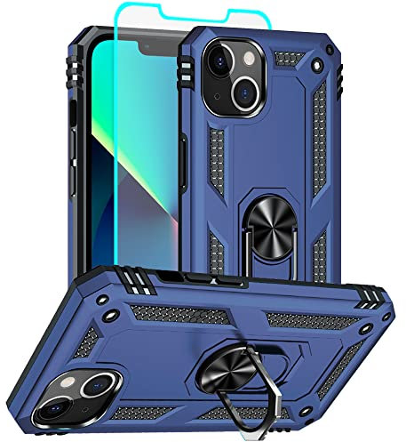 Aozuoton for iphone 13 Phone Case with HD Screen Protector, [Military Grade 16ft. Drop Tested] Ring Shockproof Protective Phone Case for iphone 13,Blue