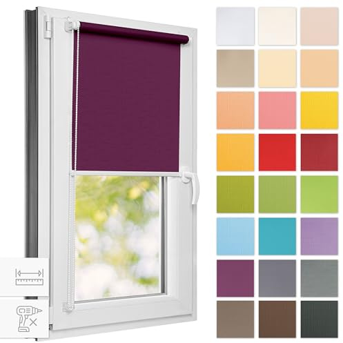 Estika Rollo für Fenster ohne Bohren - 60cm x 120cm - Violett - 25 Stofffarben, Klemmfix Montage, Fensterrollos für innen, Sichtschutz für Fenster und Balkontür (60 cm Stoffbreite)