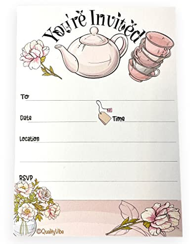 Teeparty-Einladungen, 25 Einladungen mit großer Teekanne und Blumen, inkl. 25 Umschläge für Mädchenpartys, Verlobung, Braut- und Babyparty oder Geburtstage, High Tea. Dicke und hochwertige Karten.