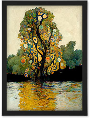 Doppelganger33 LTD Klimt Style Tree River Bank Scene Artwork Framed Wall Art Print A4