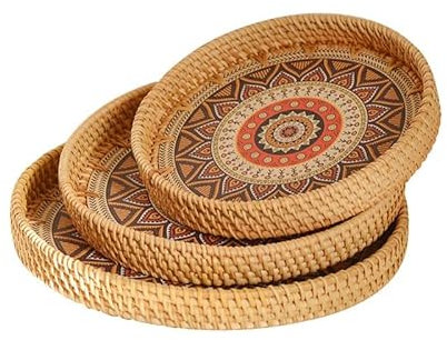 HHF Cesta Caja 3 unids/set bandeja for servir la cena bandeja de almacenamiento de mimbre tejida a mano sin asa cesta redonda de mimbre plato de comida for pan plato de pastel de fruta Ropa Almacenami