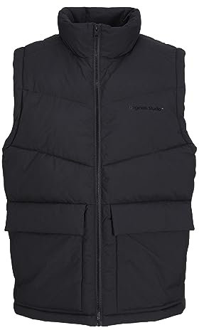 JACK & JONES Mens Puffer Gilet Full Zip Stand up Bodywarmer Quilted Collar Sleeveless Jackets for Men, Black Colour, Size- S