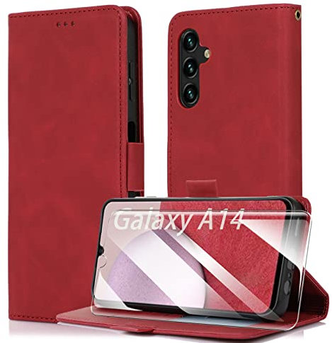 MOONESS Schutzhülle für Samsung Galaxy A14 4G / 5G, PU Leder Tasche Case mit Magnetischer Schließe, Rot
