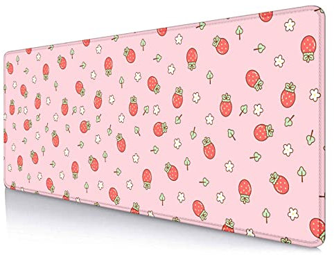 SXCKANG Tapis de Bureau Mignon Rose, Motif Fraises XL, Esthétique Cœurs, Kawaii Pastel, Tapis de Souris pour Ordinateur Portable