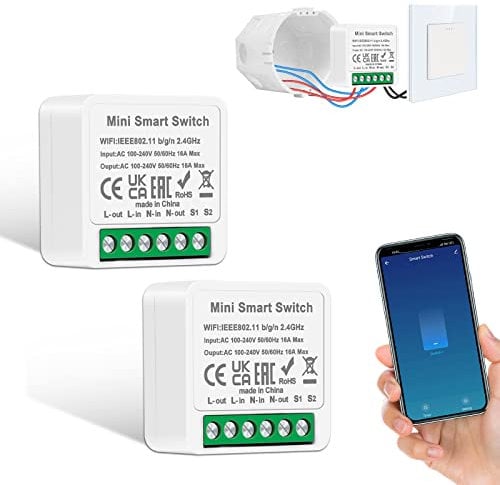 2 PCS CNBINGO Smart Light Switch Module 1 Way/2 Way, Mini DIY WiFi Switch Fits Behind Wall Switch, Smart Switch Compatible with Alexa Echo, Google Home, Smart Life APP, Neutral Wire Required
