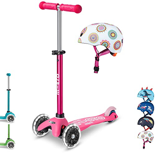 mini micro™ Deluxe LED | Das ORIGINAL | Kinder Roller ab 2 Jahren | inkl. zertifiziertem Helm | Kinderroller von 2-5 Jahre | Kickboard Scooter | 2 3 4 5 Jahre (Roller: Pink/Helm: Doodle Dot, S)