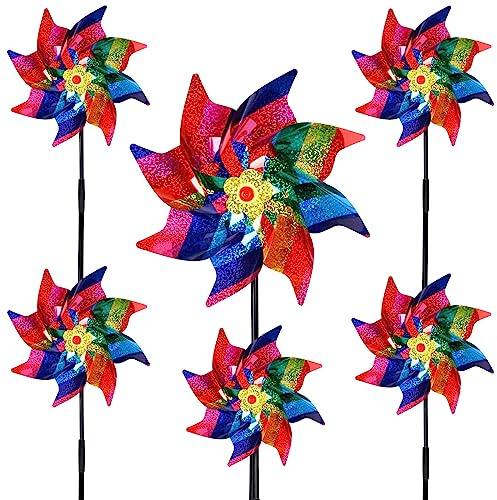 LOHAME 6pcs Moulin à Vent de Jardin Répulsif pour Les Oiseaux Moulin à Vent réfléchissant en PVC Arc-en-Ciel 55x24.5cm- pour protéger Les Jardins Les fermes Les Cours