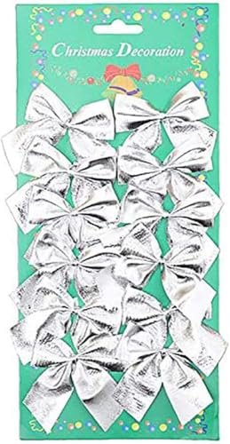 SECALIFE 12 Pieces Christmas Ribbon Bows Ornaments Xmas Tree Bowknot Velvet Ribbon Bows Christmas Bows for Tree Decorations Presents Wrapping Craft Supplies, Silver
