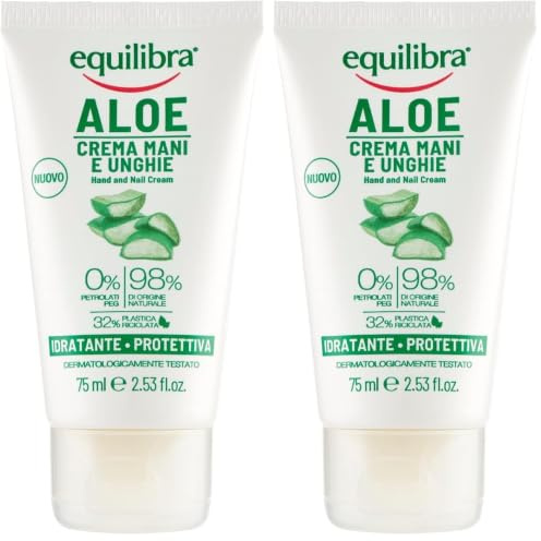 Equilibra Corpo, Aloe Crema Mani e Unghie, Crema Mani a Base di Aloe Vera, Svolge un'Azione Idratante, Lenitiva, Protettiva e Riequilibrante sulla Pelle, Rapido Assorbimento, 75 ml (Confezione da 2)