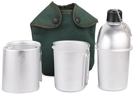 Karlak Set d'ustensiles de cuisine de 3 pièces, tasse de gourde militaire en aluminium, ensemble de poêle à bois avec sac de couverture pour camping, randonnée, randonnée