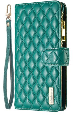 Wallet Case fit for iPhone 15 | 9 Card Holder Slots Zipper Pocket Handbag Case | PU Leather Magnetic Closure Kickstand with Wrist Strap TPU Shockproof Flip Case | Green