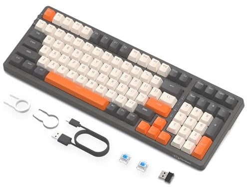 FREEWOLF K8 Drahtlose Hot-Swap-Mechanische Gaming-Tastatur, kabelgebundene RGB-Tastatur, Blauer Schalter, Bluetooth 5,0/2,4 GHz/USB-C Tri-Modus mit 4000-mAH-Akku für Mac/Win, QWERTY - Grau/Orange