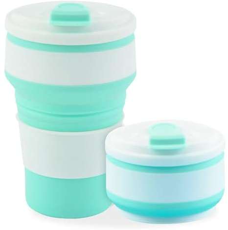 König Design Silikon Faltbarer Becher Mit Deckel (350 ml, BPA-frei),Wiederverwendbar Faltbar Reisebecher, Faltbare Becher mit Deckel Grün