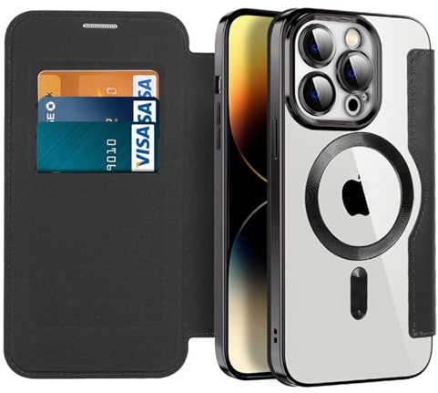 Emlivi Hülle für iPhone 14 Pro, 2-IN-1 Magnet Klapphülle [Kabelloses Laden] [Kartenfach] Handyhülle Magnetische Premium Leder Klappbare Flip Case Stoßfeste Schutzhülle für iPhone 14 Pro, Schwarz