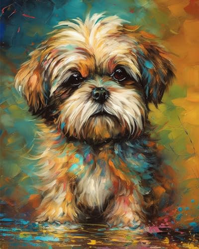 TISHIRON Peinture par Numéros pour Adultes et Enfants - Chien Shih Tzu sur Toile - Kit pour Débutants