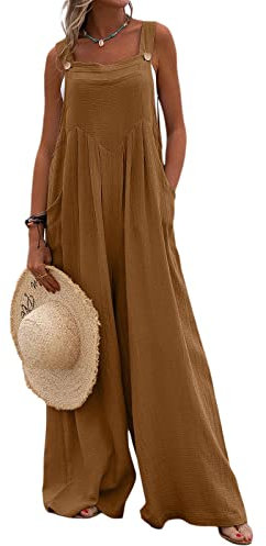 Loalirando Salopette da Tuta Casual Donna Tuta Estiva Donna Tuta Intera Jumpsuit Donna Senza Maniche Playsuit Tuta a Gamba Larga con Tasche da Spiaggia (Marrone, L)