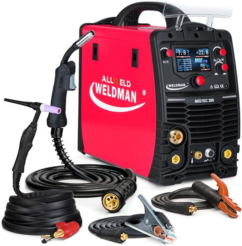 Weldman MIGTEC 200 LCD - Saldatrice a Filo Continuo con Gas 3 in 1 da 200 A - Sinergia - MMA, FLUX - Torcia TIG Inclusa - Induttanza, Saldobrasatura, 2T/4T