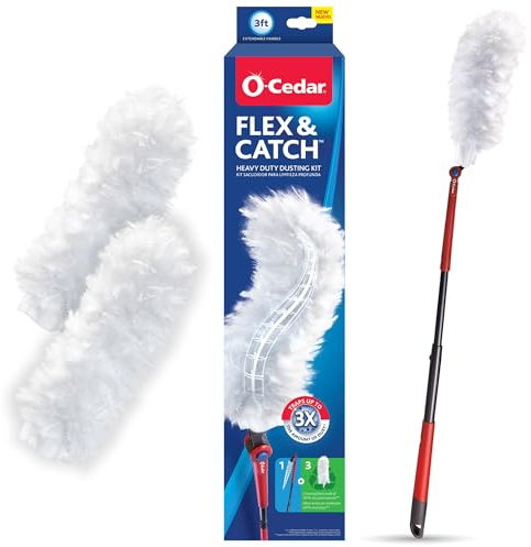 O-Cedar Flex & Catch Heavy Duty Duster Kit with 3 Disposable Duster Refills | Flexible Duster Starter Set with 90cm Extendable Handle | Traps 3X More Dust Than