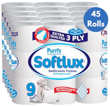 Purrfs Softlux 3ply Luxury Quilted Soft Toilet Rolls 9 Rolls Per Pack (Unscented, 45 Rolls)