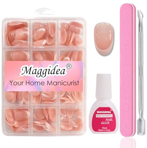 Maggidea False Nails Kit, 240 Pcs French Tip Press on Nails, Fake Nails Nude Base Glossy Full Cover Glue on Nails Nail Art Manicure for Women (Round- Nude Base)