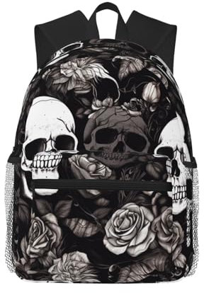 ESASAM Schwarzer Rucksack mit Totenkopf-Motiv, großes Fassungsvermögen, wasserdicht, 600d/PU-verschlüsseltes Oxford-Gewebe, Schwarz , One size
