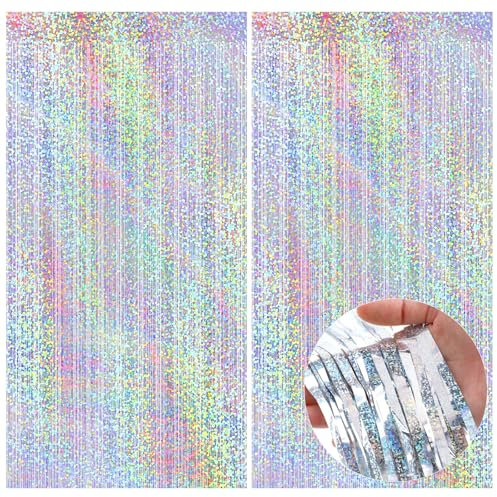cobee Lametta Vorhang Silber, 2 Stück Party Deko Glitzer Vorhang Deko 1m X 2.5m Geburtstagsdeko Metallic Party Vorhänge Foto Hintergrund Luftschlangen Deko für Partys Weihnachtsfeier (Silber)