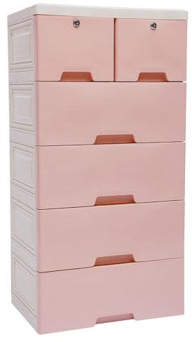 Susoso Innenkommode mit 6 Schubladen, Modulare PP Kunststoffschrank mit Schlüssel & Umlenkrollen für Wohnzimmer 50 * 35 * 102cm Rosa