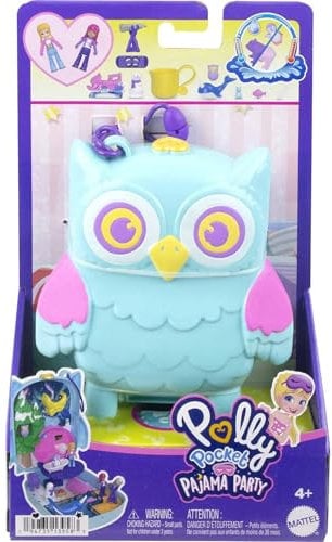 Polly Pocket Pigiama Party Snowy Sleepover Owl Compact Playset con 2 micro bambole, multicolore