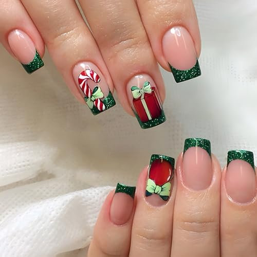 24Pcs Noël Faux Ongles Autocollants Court Carré, Rose Élégant Ongles à Coller avec Canne en Bonbon de Noël Motifs, Acrylique Pleine Couverture Hiver Noël French Press on Nails pour Femmes Filles