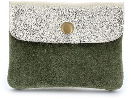 Double Tree - Petit Porte-Monnaie Cartes Cuir Véritable Daim Irisé Femme - Mini Portefeuille Cuir Itailien Compact - Format Enveloppe Court - Tendance Léger Pratique - Olive