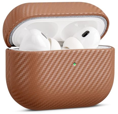 Haobobro Schutzhülle für AirPods Pro 2, handgefertigt, ausgewähltes robustes und langlebiges Leder, mit Kohlefaser-Textur, kabelloses Laden, kompatibel mit AirPods Pro 2. Generation, Braun